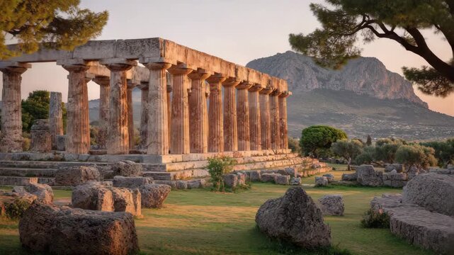 Ultra HD Temple of aphaia on aegina island in greece at sunset with trees video, old broken temple video, ancient temple video