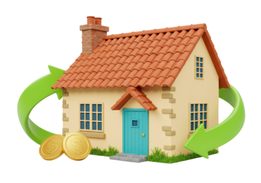 Isolated 3D rendering of house with money and green arrows, real estate return, property investment