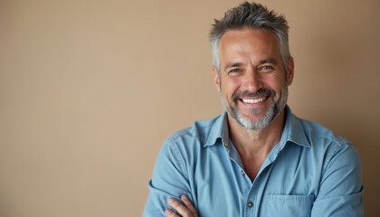 Happy, middle aged man smiles. He wears blue shirt and has grey hair with a beard. The photo is a studio portrait against plain background. Man looks directly at camera.