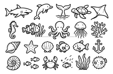 Fototapeta premium Hand drawn sea life collection including fish, shark, and coral