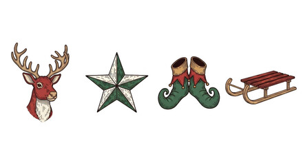 Christmas themed decorations including reindeer star elf shoes and a sled.