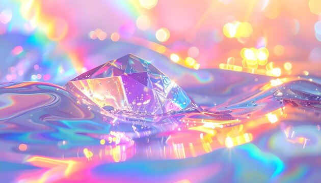 A radiant diamond atop a shimmering, iridescent surface, bathed in a spectrum of light. Soft bokeh fills the background, giving a dreamy feel