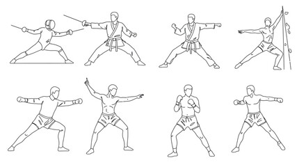 Outline sketches of martial arts and sports combat poses