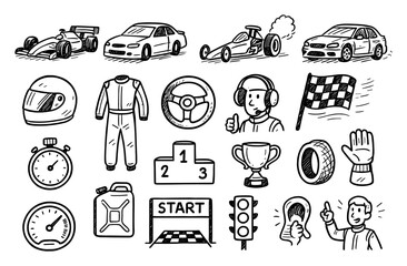 Hand drawn racing elements: cars, gear, flags, trophies, and more in sketch style