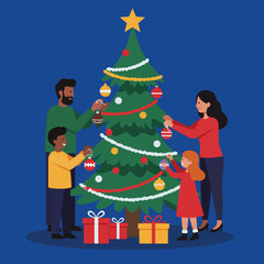Diverse family decorates a festive Christmas tree with presents below