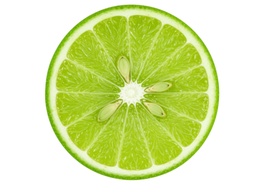 Isolated green lime slice, refreshing citrus fruit with juicy pulp and seeds indoors