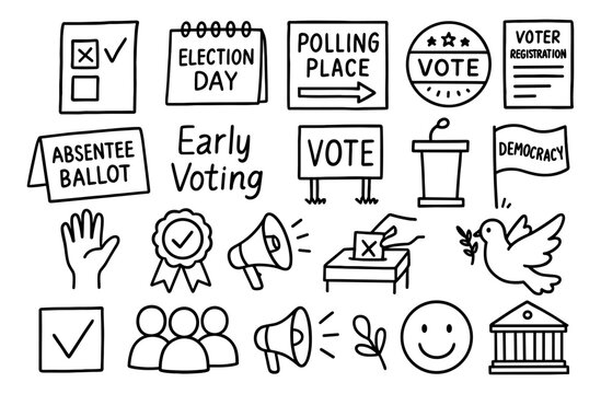 Hand drawn election day icons: voting, polling, democracy, civic participation