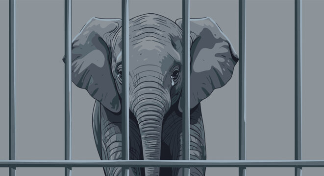 A close up pixel art depiction of a young elephant behind prison bars looking sad and dejected.