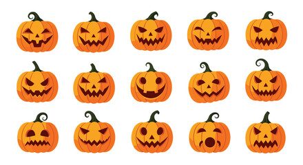 A collection of pixel art jack o lanterns with various spooky and funny facial expressions for halloween.
