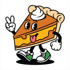 Cartoon pumpkin pie character giving peace sign and sticking tongue out dessert food