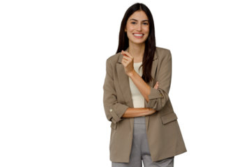 Professional businesswoman smiling confidently, posing with crossed arms, looking at camera. Isolated on a transparent background