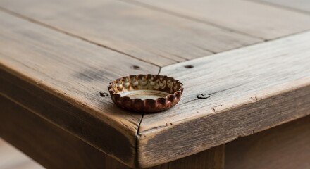 Rusty bottle cap on wooden surface, ecology theme