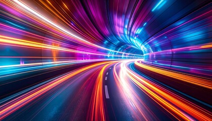 Abstract light trails in a futuristic tunnel representing highspeed data transfer and modern technology.