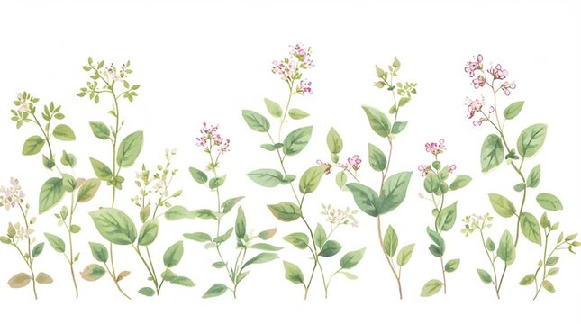 Botanical herb watercolor illustration with green foliage, leaf and plant border, delicate pink flower wildflower pattern, natural serene scene