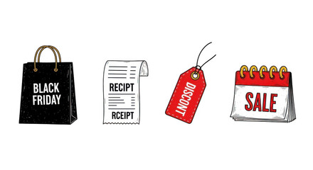 Black Friday shopping bag receipt discount tag and sale calendar icons.