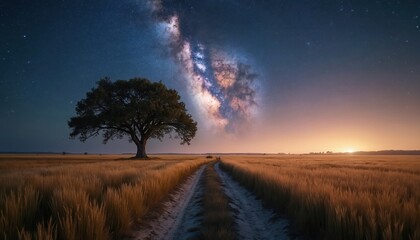 Night photo of lone tree in field under starry sky. Milky way shines above rural path. Landscape image with tree road nature astronomy dream.