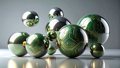 Abstract Spheres with Circuit Board Patterns and Reflections.
