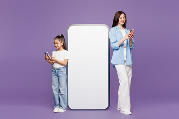 Full body young woman child baby girl 8-9 years old wear blue clothes. Mommy little kid daughter...