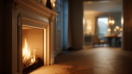 Fototapeta premium Warmly illuminated home entrance with a cozy fireplace creating a welcoming ambiance