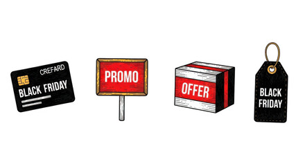 Black Friday Sale Elements: Credit Card Promo Sign Offer Box and Price Tag.