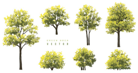 Vertor set of green tree,plants side view for landscape elevations,element for backdrop,eco environment concept design,watercolor greenery scene