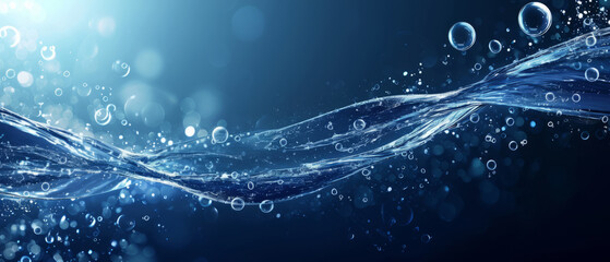 Abstract water wave with bubbles on blue background