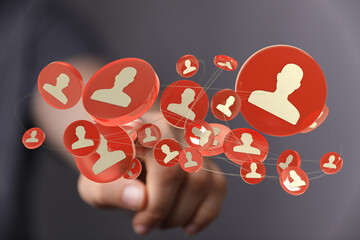 Abstract network visualization showing connected human icons for collaboration, communication and social media reach out network concept.