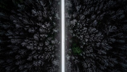 Aerial View of a Luminous Road Through a Dark Forest.