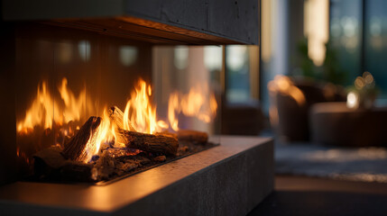 Modern fireplace adds warmth and luxury to contemporary home interior during sunset