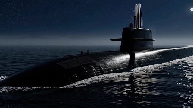 Nuclear submarine dives deep into the ocean under the night sky and creates ripples on the surface