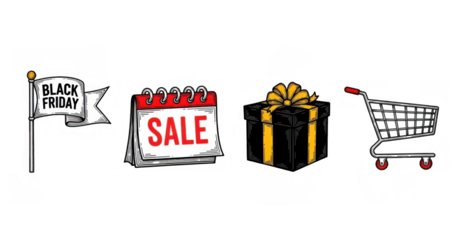 Black Friday Sale Icons: Flag Calendar Gift and Shopping Cart. - Powered by Adobe