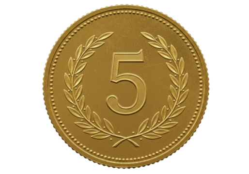 Isolated shiny gold coin depicting the number five, with an ornate laurel wreath design