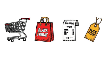 Black Friday Shopping Icons Including Cart Bag Receipt and Tag.