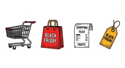 Black Friday Shopping Icons Including Cart Bag Receipt and Tag.