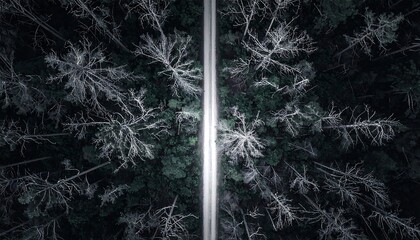 Aerial View of Road Cutting Through Snowy Forest.
