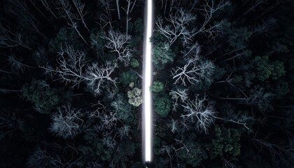 Aerial View of Forest with Bright Light Beam.