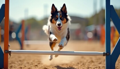 Intelligent border collie dog jumps over agility hurdle. Speedy canine athlete competes in dog sport competition training course. Active pet shows speed and skill.