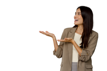 Businesswoman presentation, smiling woman showing hand gesture, happy professional holding palms up for advertisement on transparent background