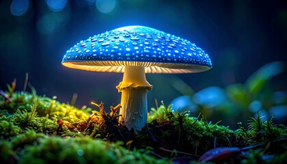 Bioluminescent Blue Mushroom in a Magical Forest.