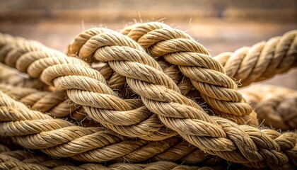Closeup of a thick textured rope coiled and intertwined showcasing its natural fibers and robust construction.