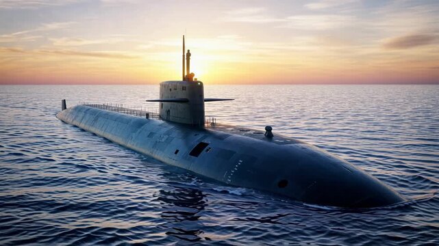 Nuclear submarine sailing at sunset on calm waters showcasing advanced naval technology and serene ocean landscape