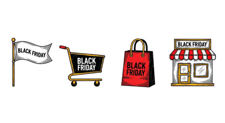 Black Friday Shopping Icons: Flag Cart Bag and Storefront.