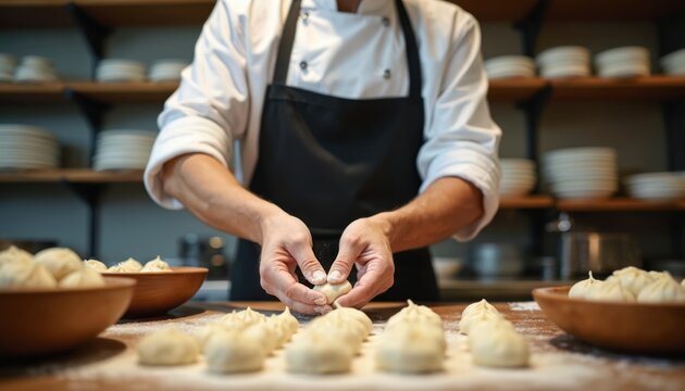 Experienced chef meticulously crafts dumplings in pro restaurant kitchen. Skilled hands shape dough into delicate parcels ready for cooking. Focus on detail highlights culinary expertise, food