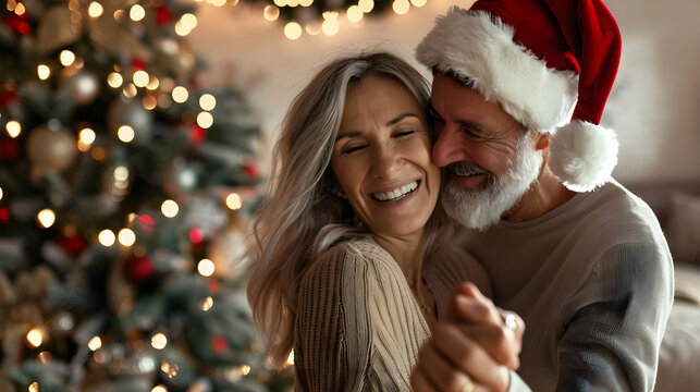 Romantic senior couple dancing against the backdrop of holiday lights. Senior couple celebrating Christmas holidays together - Powered by Adobe