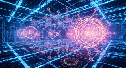 Digital Grid Virus Abstraction in Sci-Fi Space, Neon Circuit Board with Abstract Viral Structures, Technological Futuristic Background
