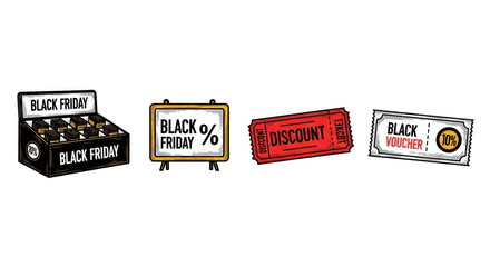 Black Friday sale signs and displays with discount offers for shoppers.