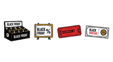 Black Friday sale signs and displays with discount offers for shoppers.