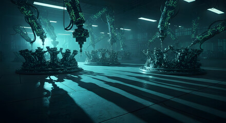 Surreal Industrial Interior: A Matrix-like Automated Factory with Alien Artifacts, Eerie Sci-Fi Assembly Line: Robotic Arms Sculpting Organic Structures in a Futuristic Factory