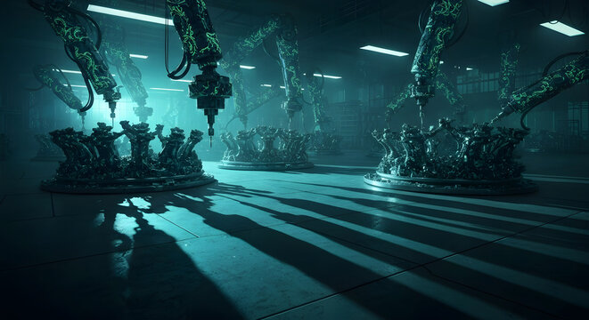 Surreal Industrial Interior: A Matrix-like Automated Factory with Alien Artifacts, Eerie Sci-Fi Assembly Line: Robotic Arms Sculpting Organic Structures in a Futuristic Factory