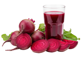 Isolated display of wholesome raw beets with fresh juice for health and wellness concepts